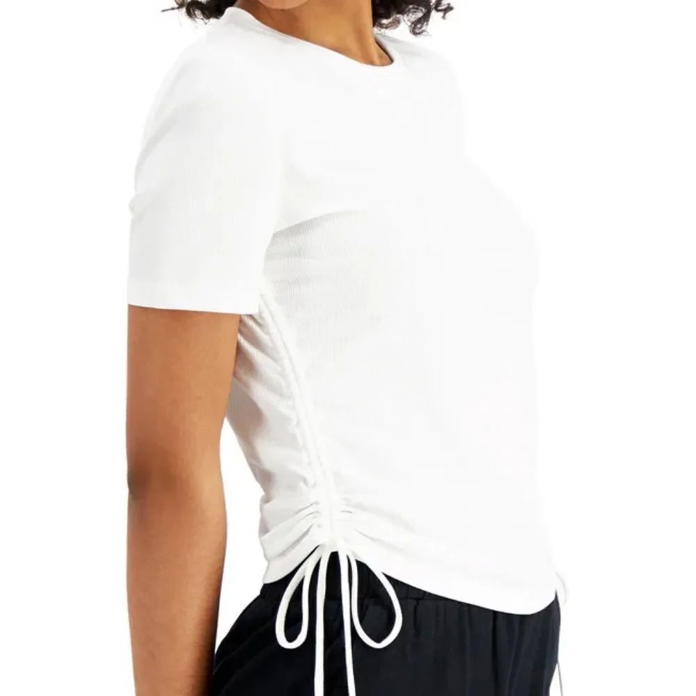 ZARA White Ribbed Ruched Short Sleeve Top